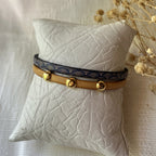 Bracelet femme duo en cuir imprimé art déco bleu et doré