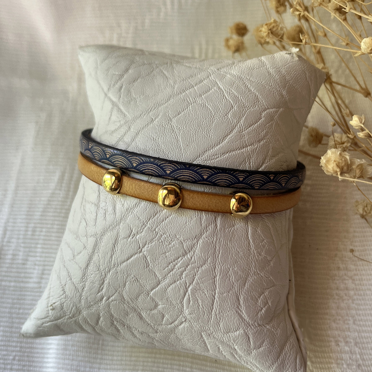 Bracelet femme duo en cuir imprimé art déco bleu et doré