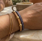 Bracelet femme duo en cuir imprimé art déco bleu et doré