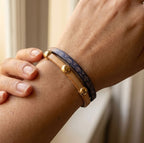 Bracelet femme duo en cuir imprimé art déco bleu et doré