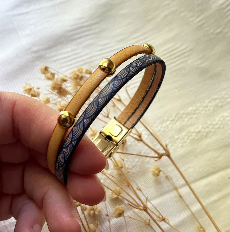 Bracelet femme duo en cuir imprimé art déco bleu et doré