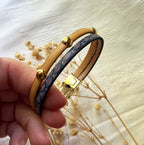 Bracelet femme duo en cuir imprimé art déco bleu et doré