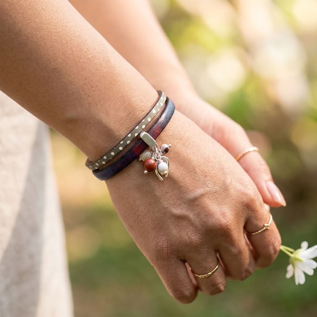 Bracelet femme duo en cuir pendentif en perles simple ou double tour