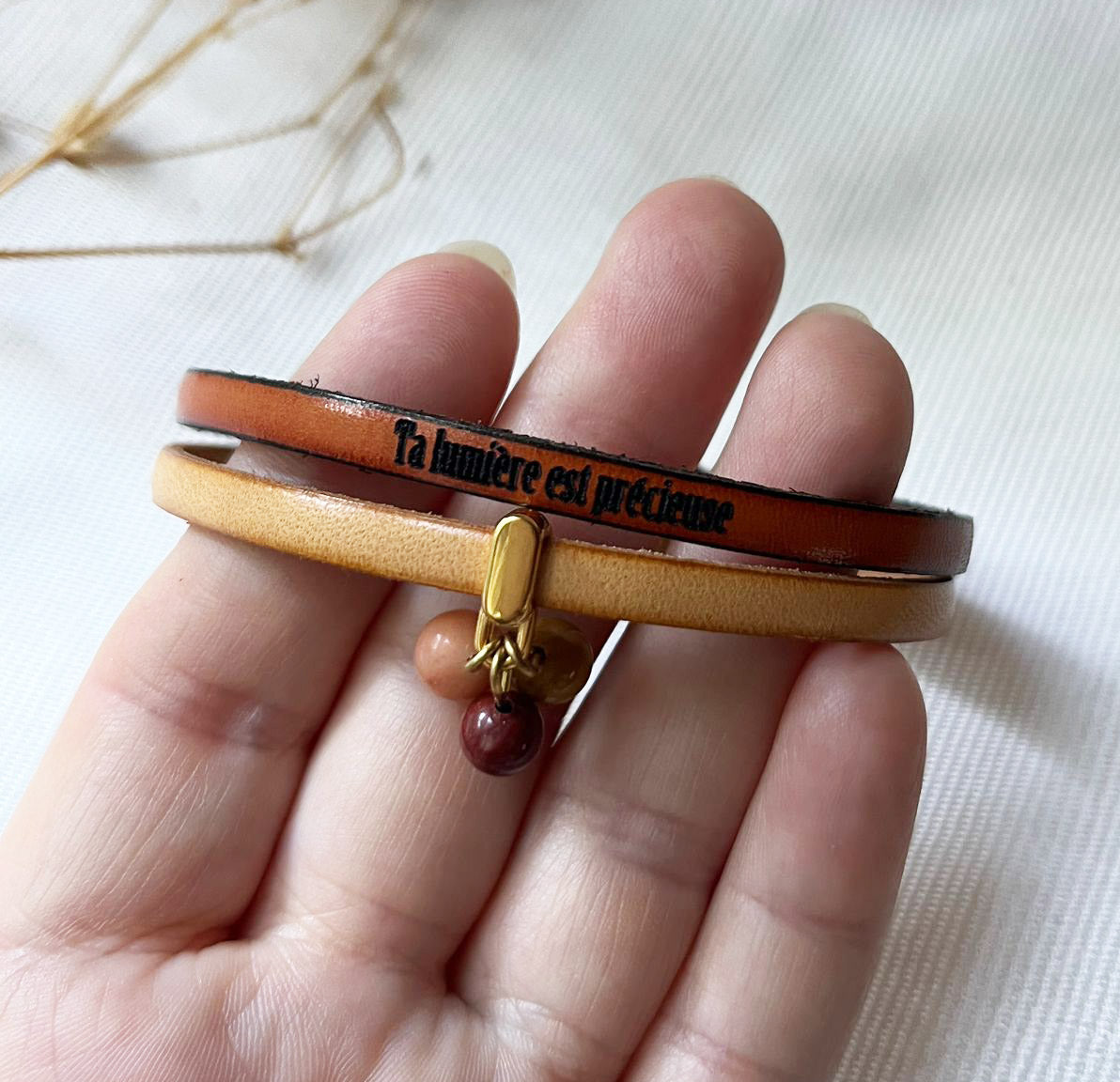 Bracelet Synergie duo de cuirs Automne aux 3 perles