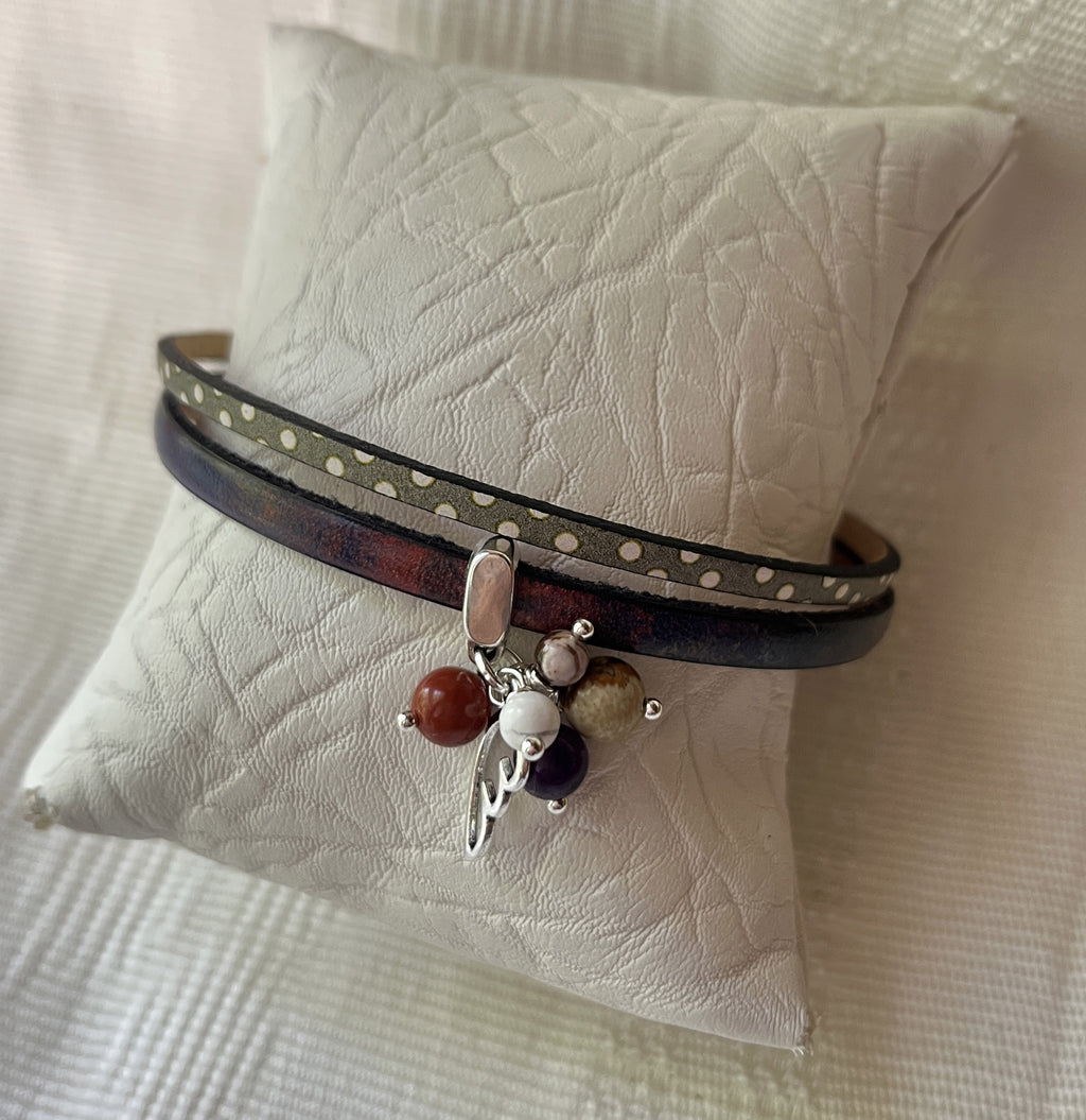 Bracelet femme duo en cuir pendentif en perles simple ou double tour