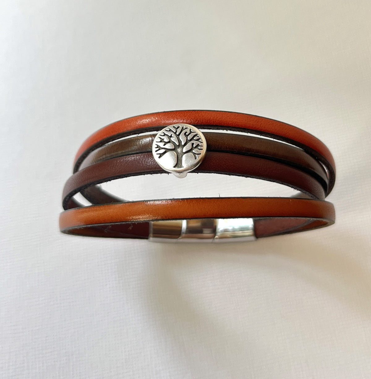 bracelet multi liens de cuir homme marron et rouille cabochon arbre de vie