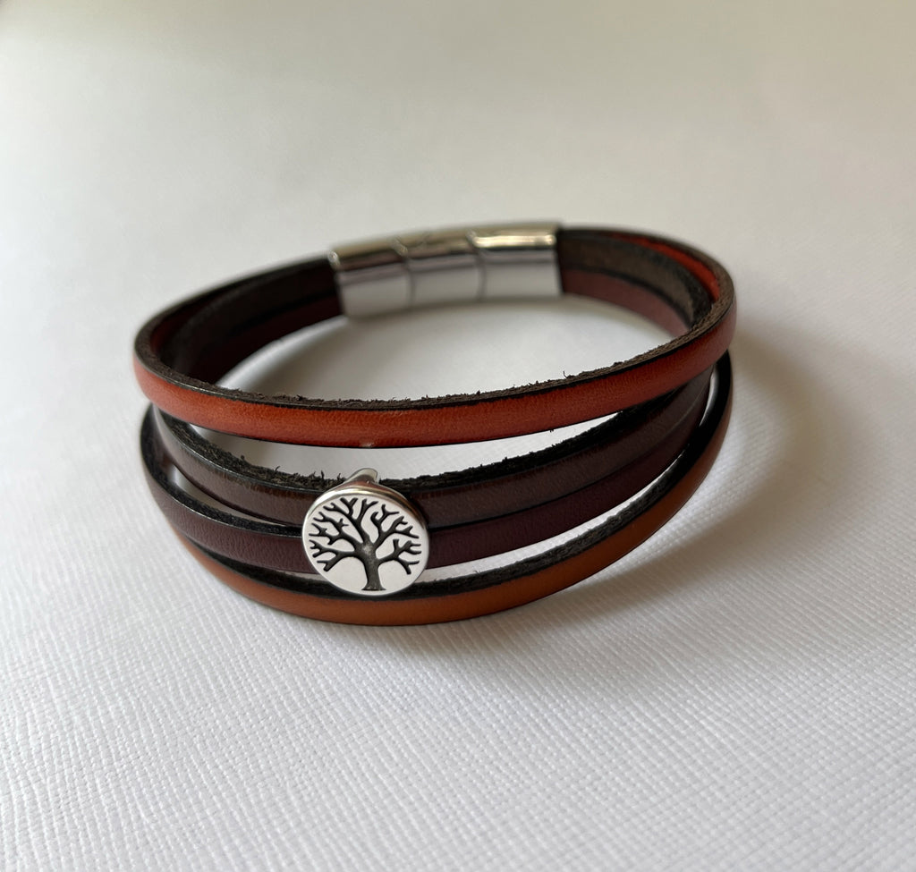 bracelet en cuir orange marron automnal fermoir ajustable