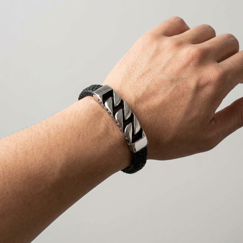 bracelet homme élégant cuir et gourmette acier au fermoir ajustable magnétique