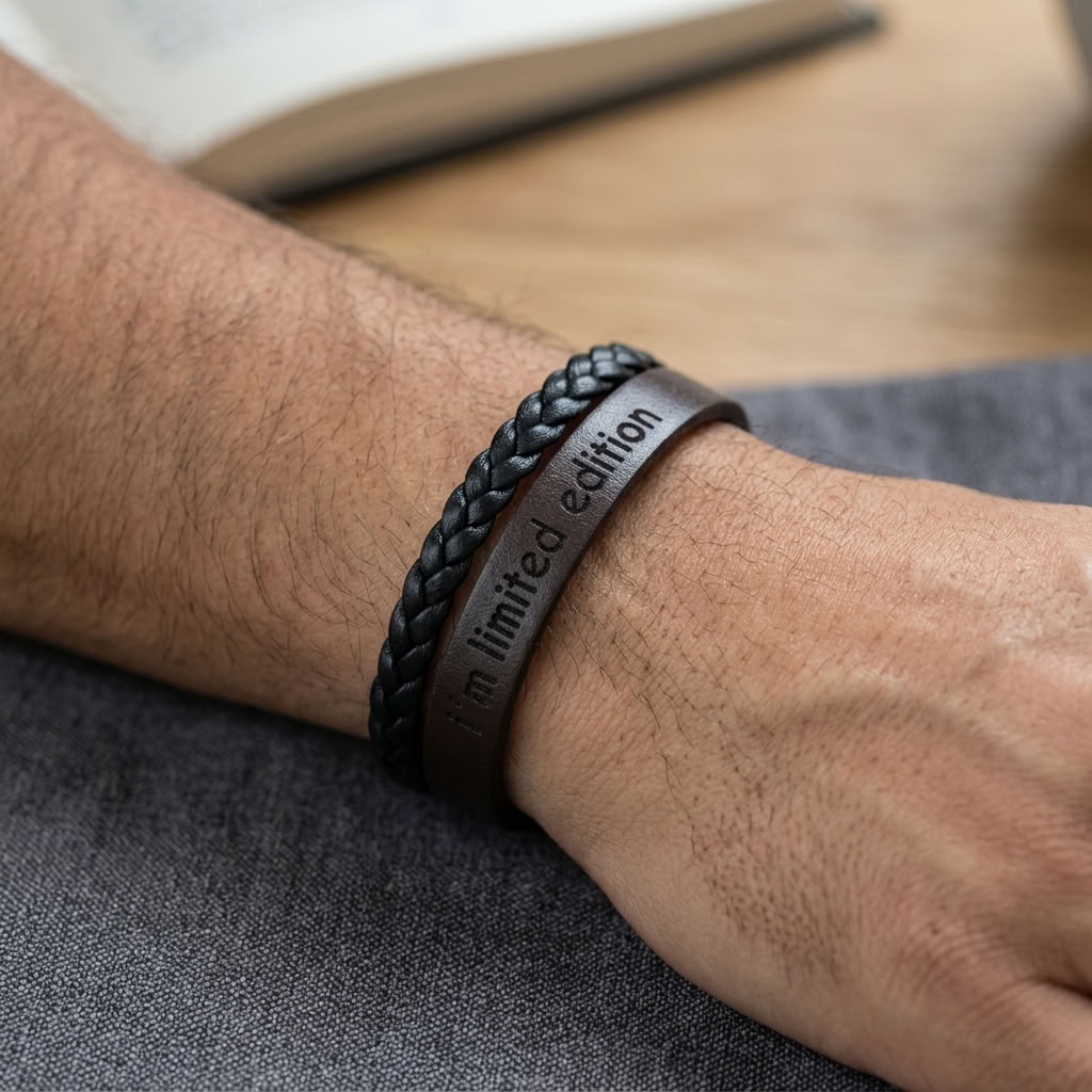 Bracelet homme double cuirs tressé noir et marron foncé à graver de vos mots