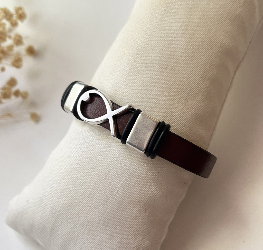 Bracelet cuir et métal ichtus poisson à personnaliser