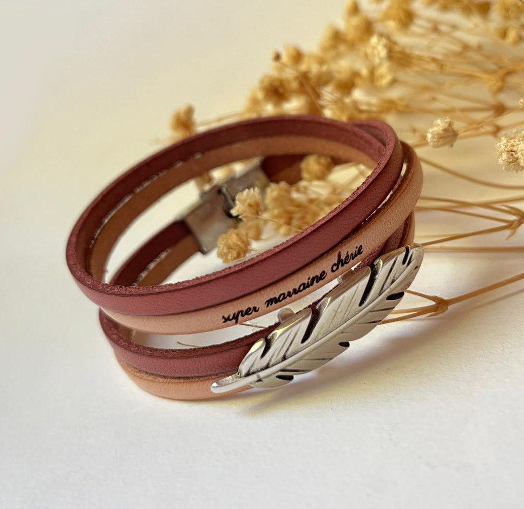 bracelet pour marraine deux cuirs gravés personnalisables