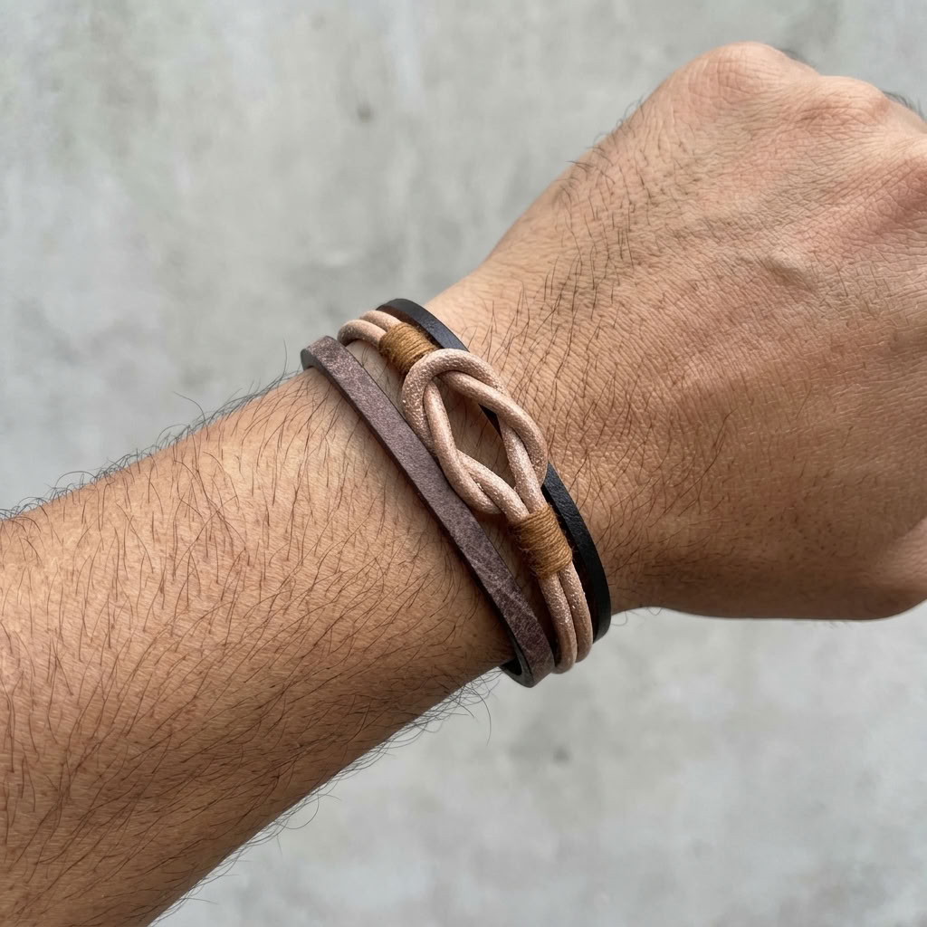 Bracelet multi-rangs au noeud infini en cuirs marron vintage et beige