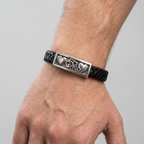 bracelet homme cuir tressé noir plaque acier 2 coeurs