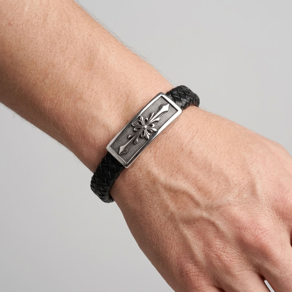 bracelet homme cuir tressé plaque acier  fabrication artisanale en France