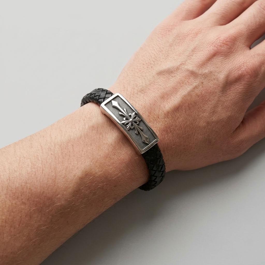 Bracelet cuir noir tressé pour homme avec plaque métallique croix gravée