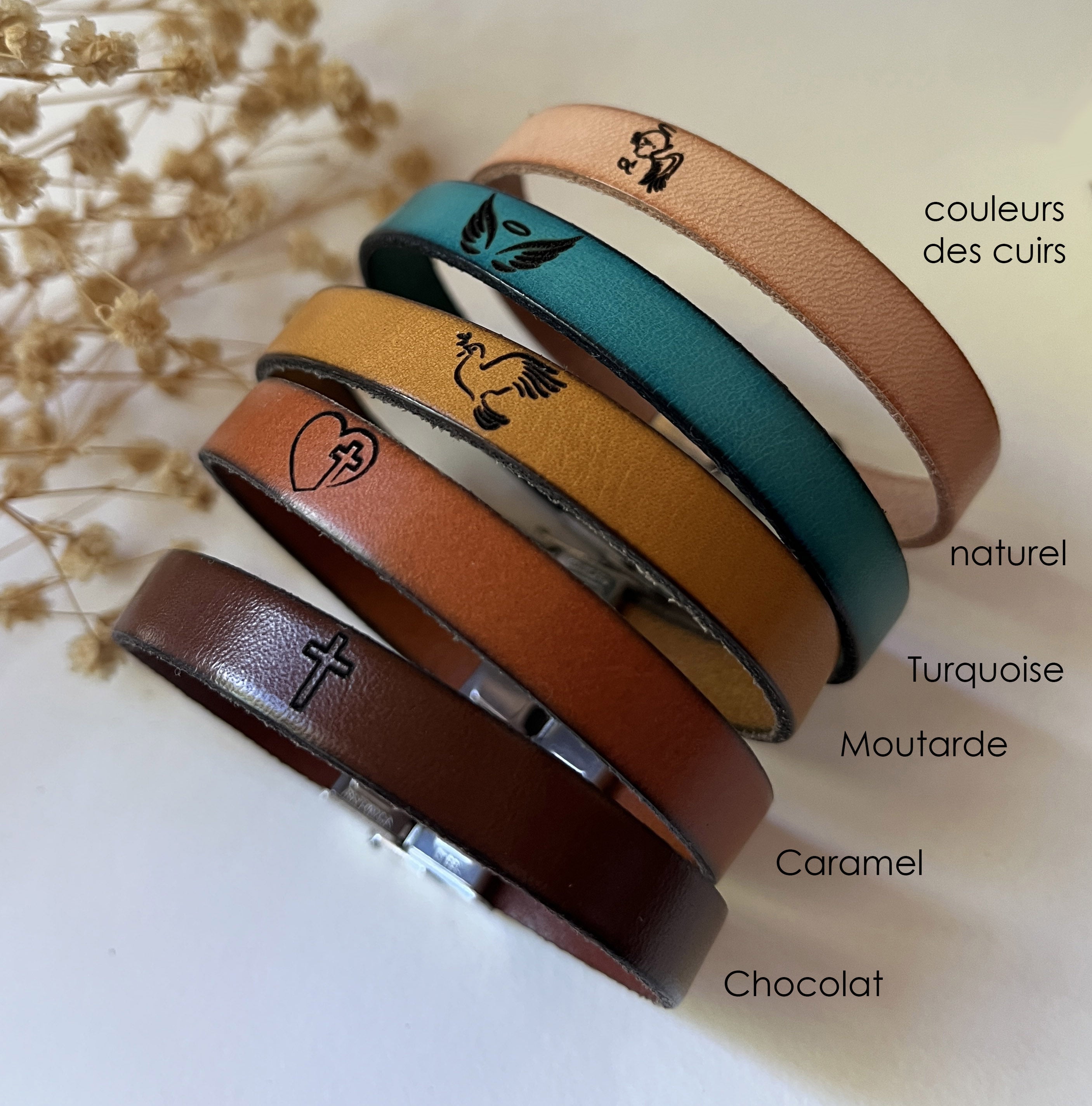Bracelet cuir au symbole chrétien gravé - Cadeau baptême communion enfant adulte