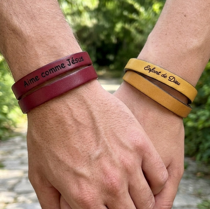 bracelet unisexe double cuir gravés de messages chrétiens