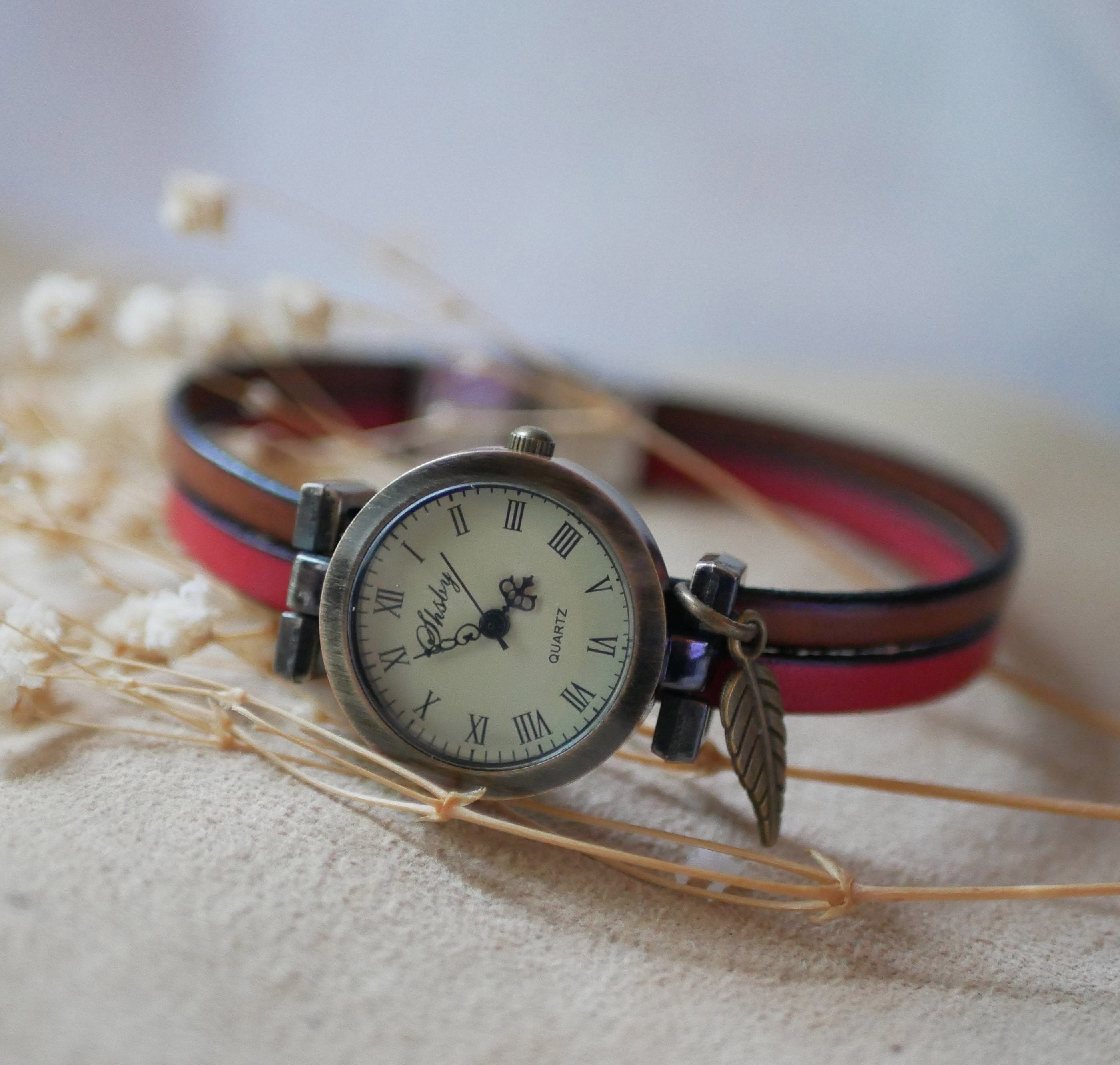 Montre femme vintage bracelet aux 2 cuirs personnalisable