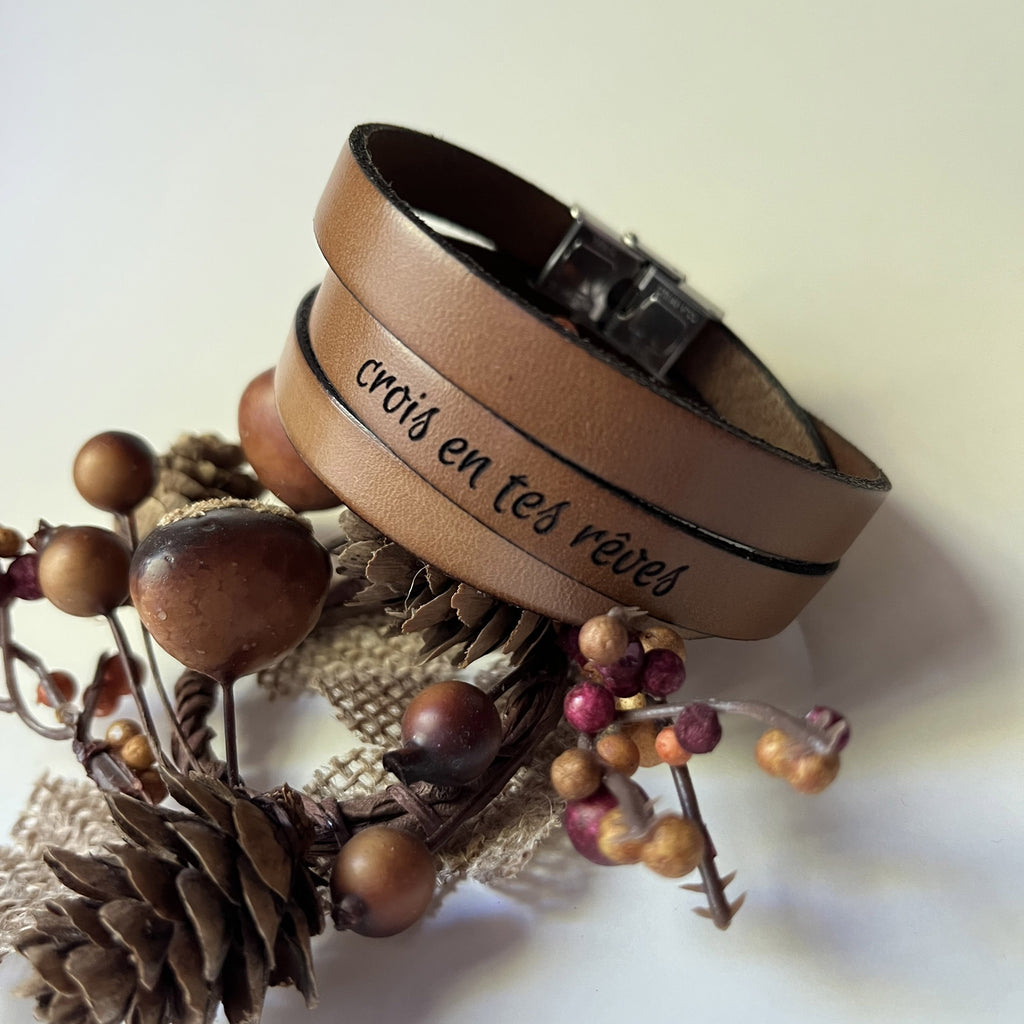 Bracelet mixte triple tour de cuir bohème - gravure personnalisée