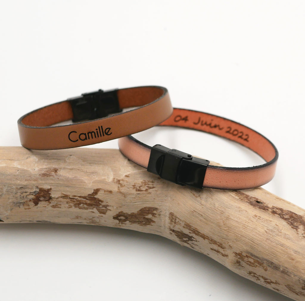 Bracelet homme en cuir personnalisé avec gravure prénoms ou message