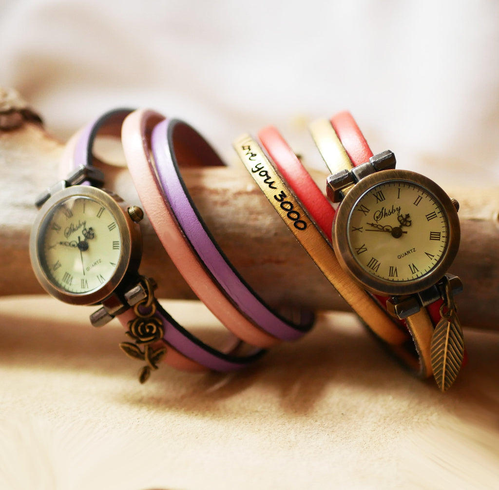 Montre personnalisée style vintage bracelet double tour et double cuir
