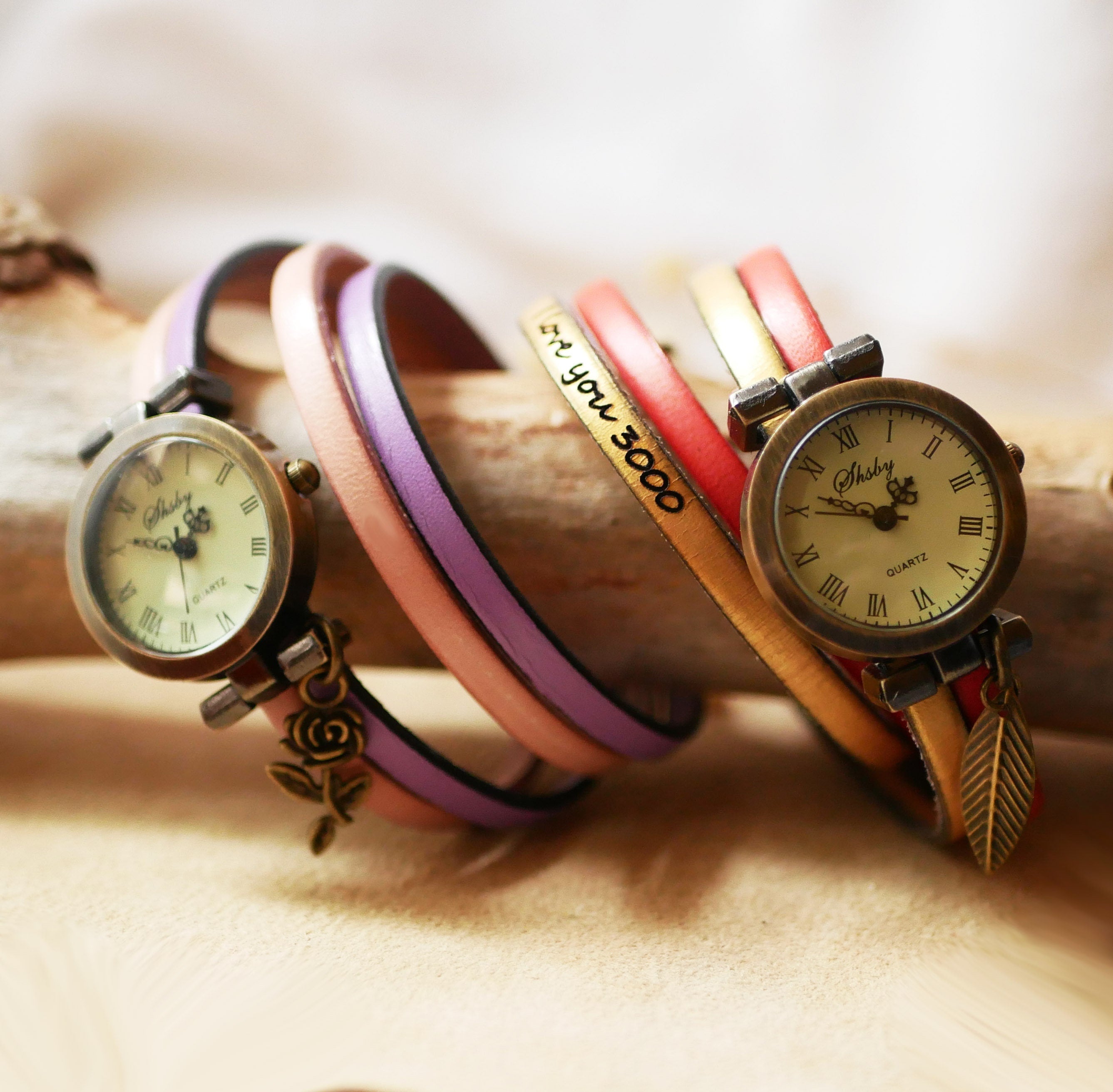 Montre personnalisée style vintage bracelet double tour et double cuir