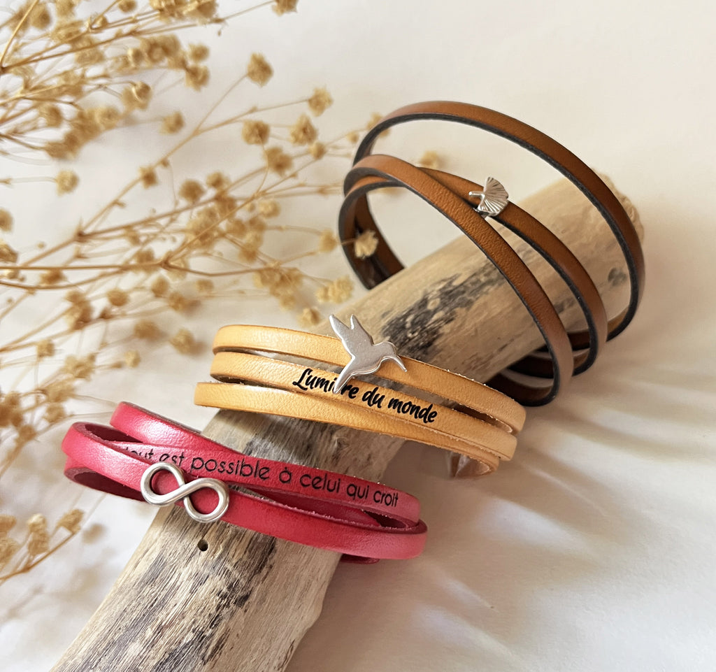 bracelet cuir femme multi-tours message gravé chrétien ou d'amour
