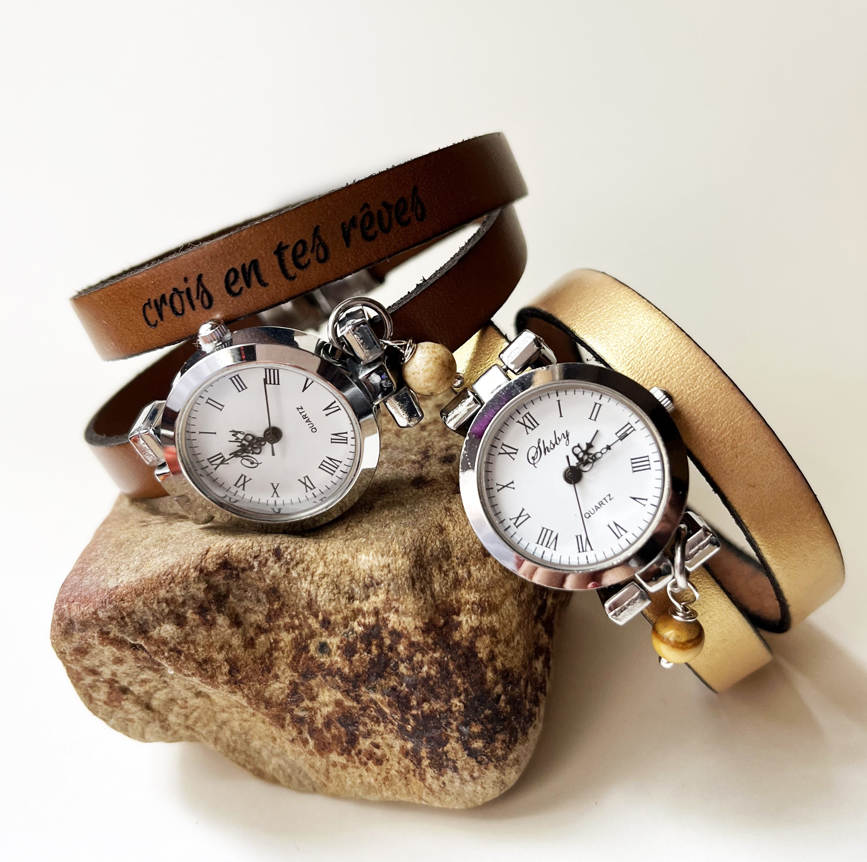 Montre double tour cuir cadran argenté à personnaliser