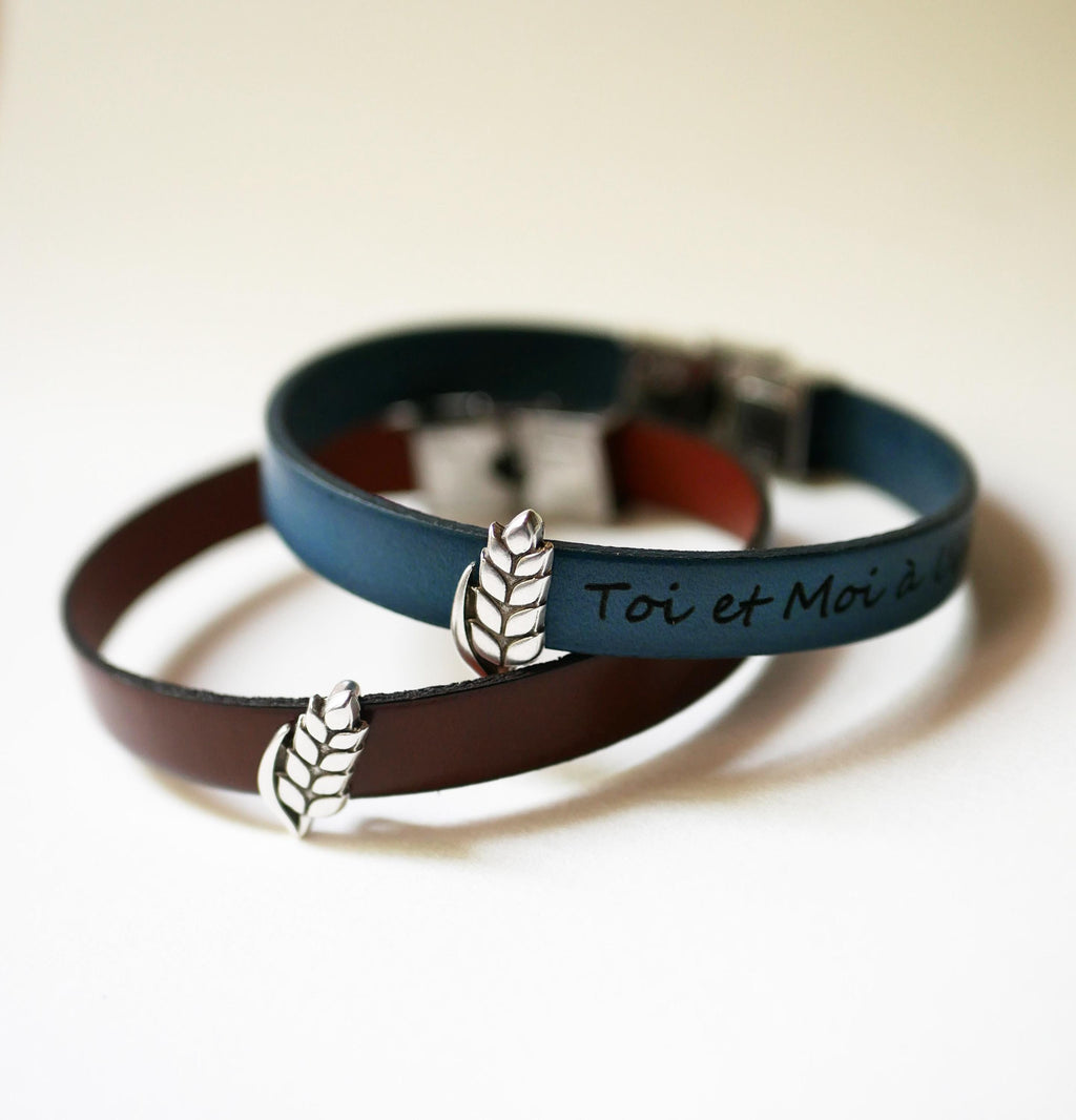 Bracelet cuir décoré d'un poussoir argenté épi de blé