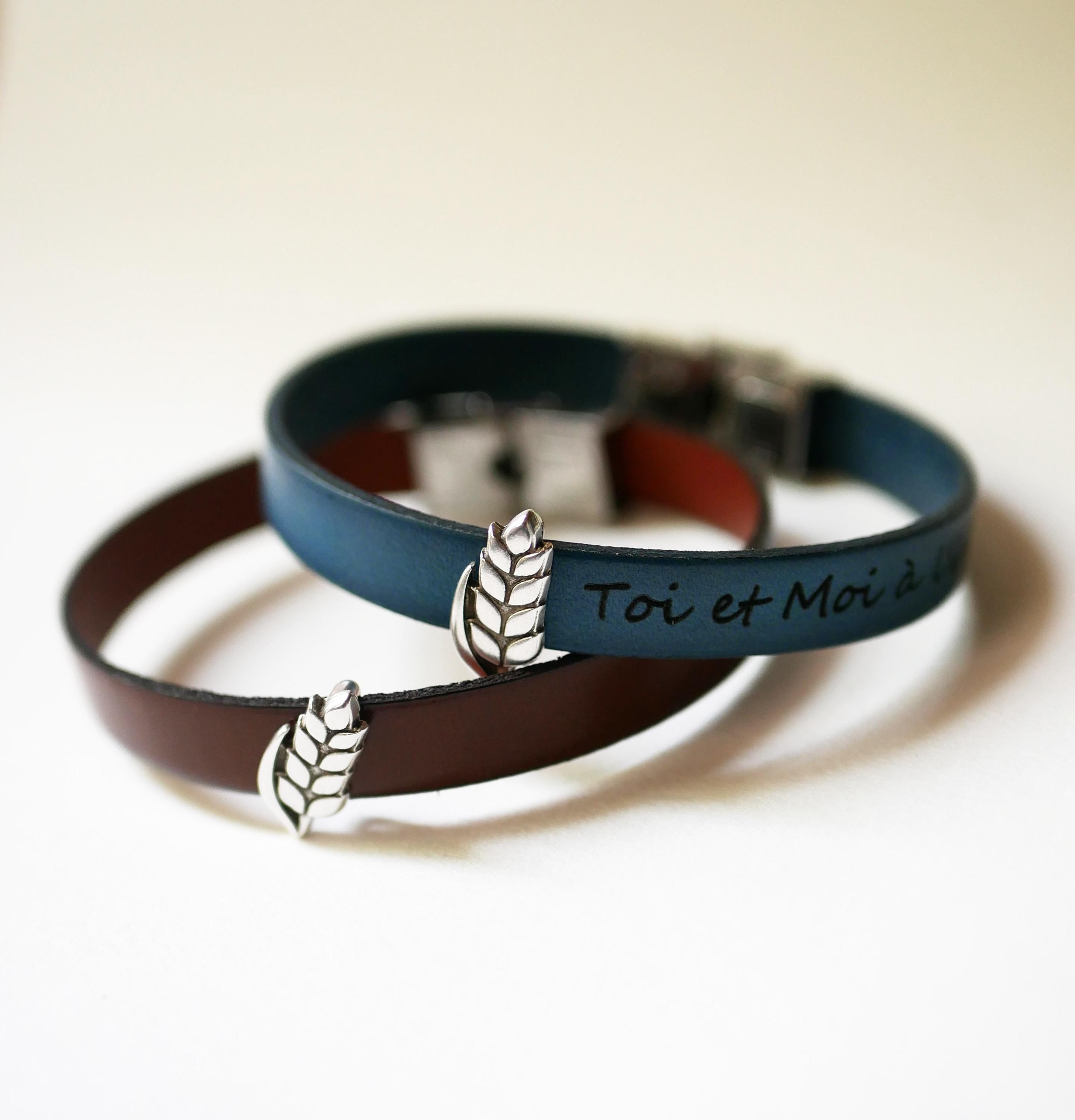 Bracelet cuir décoré d'un poussoir argenté épi de blé