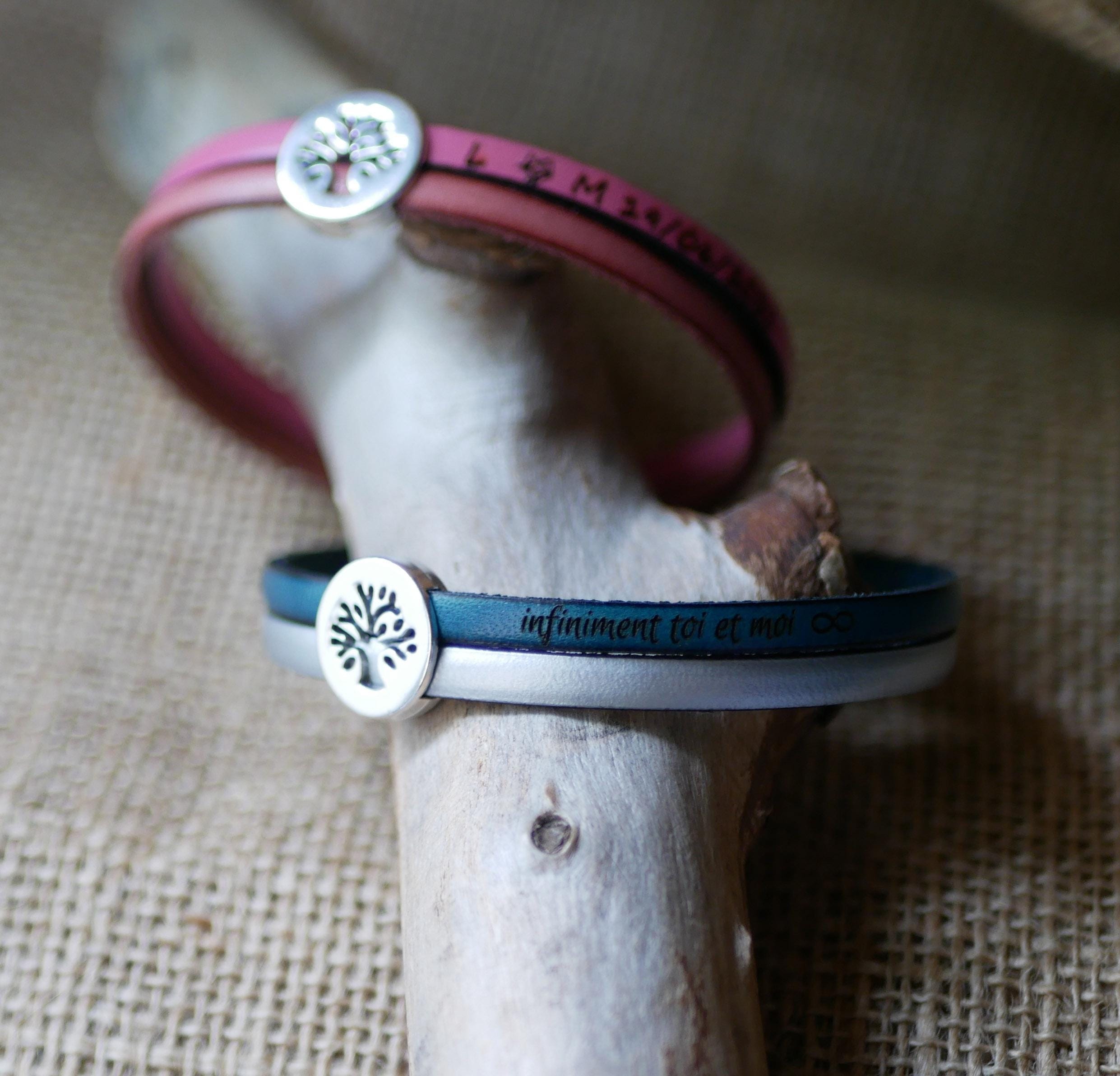 Bracelet double cuir décoré d'un poussoir argenté Arbre de Vie