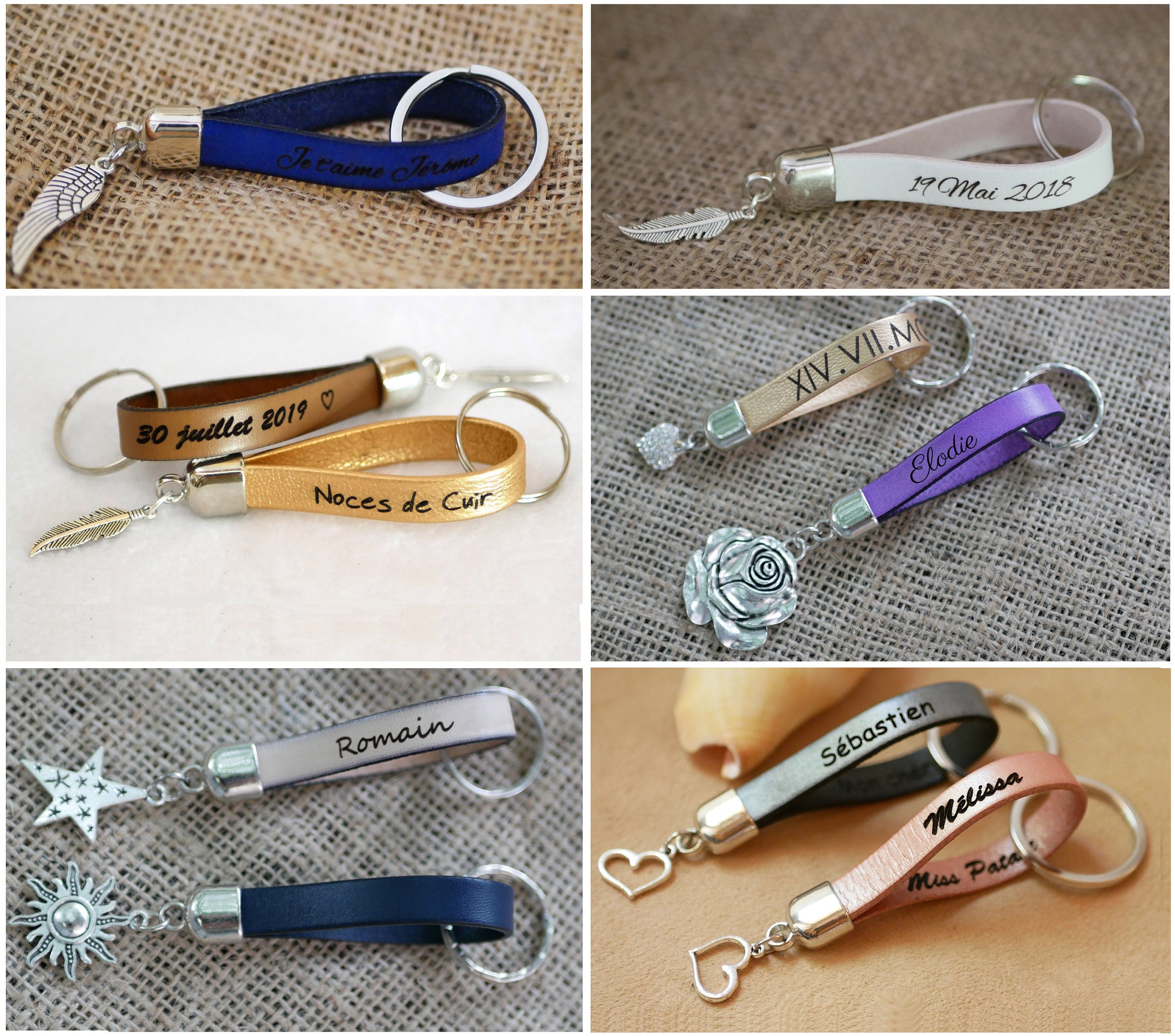 Porte clé cuir personnalisé par gravure avec charme pendentif au choix