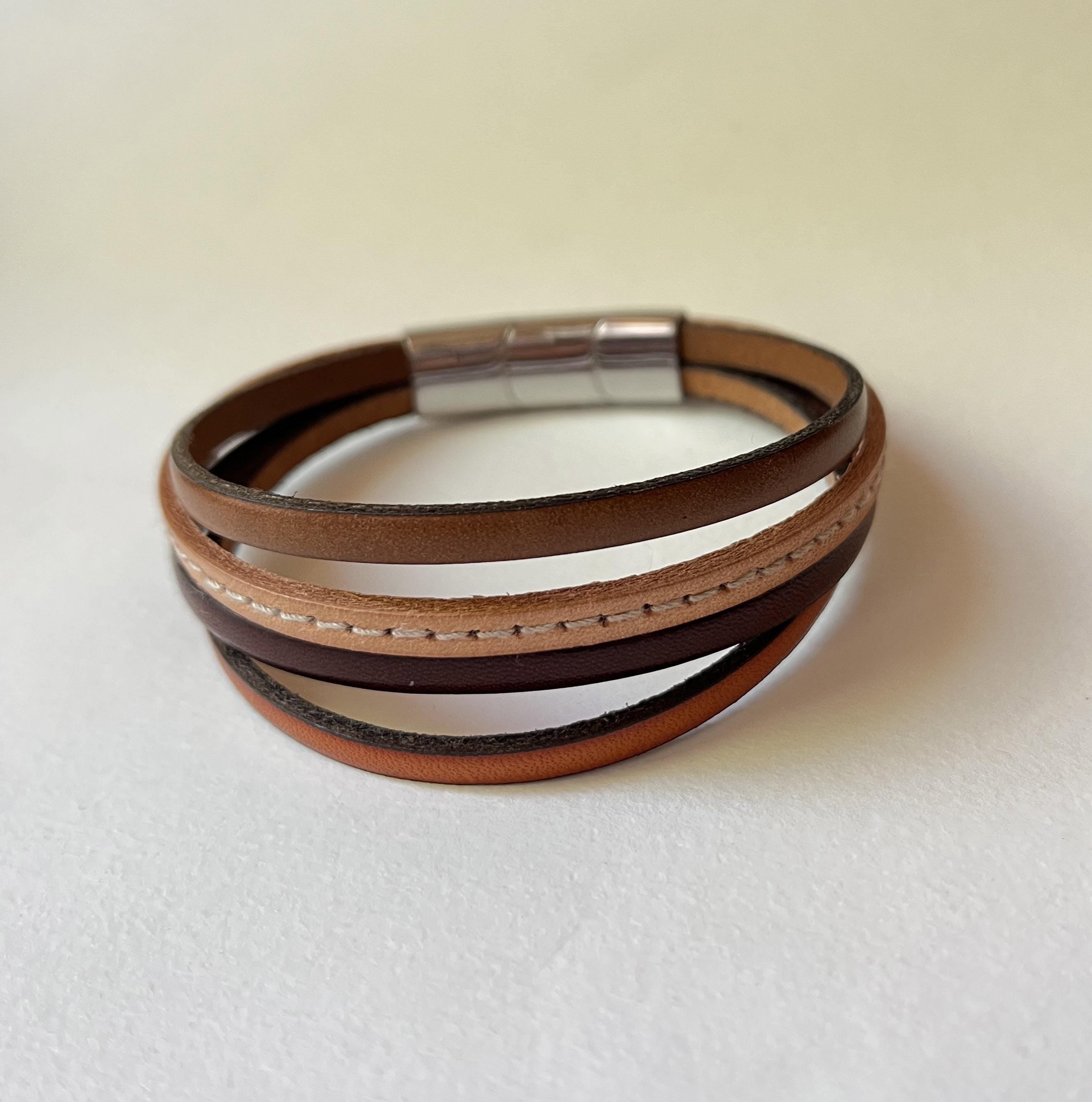 Bracelet manchette  homme multi cuirs marron clair ajustable