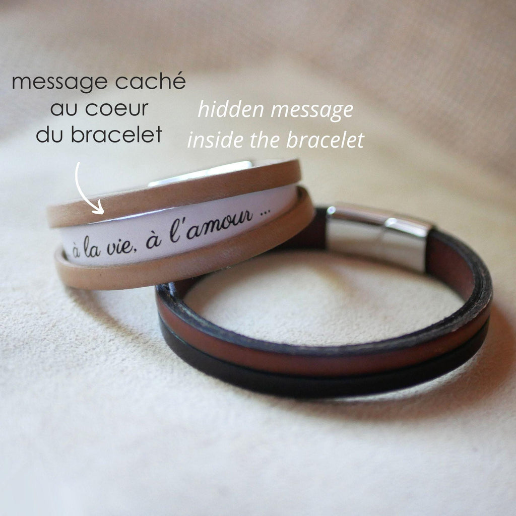 Bracelet Cache-cache aux 3 cuirs avec message gravé