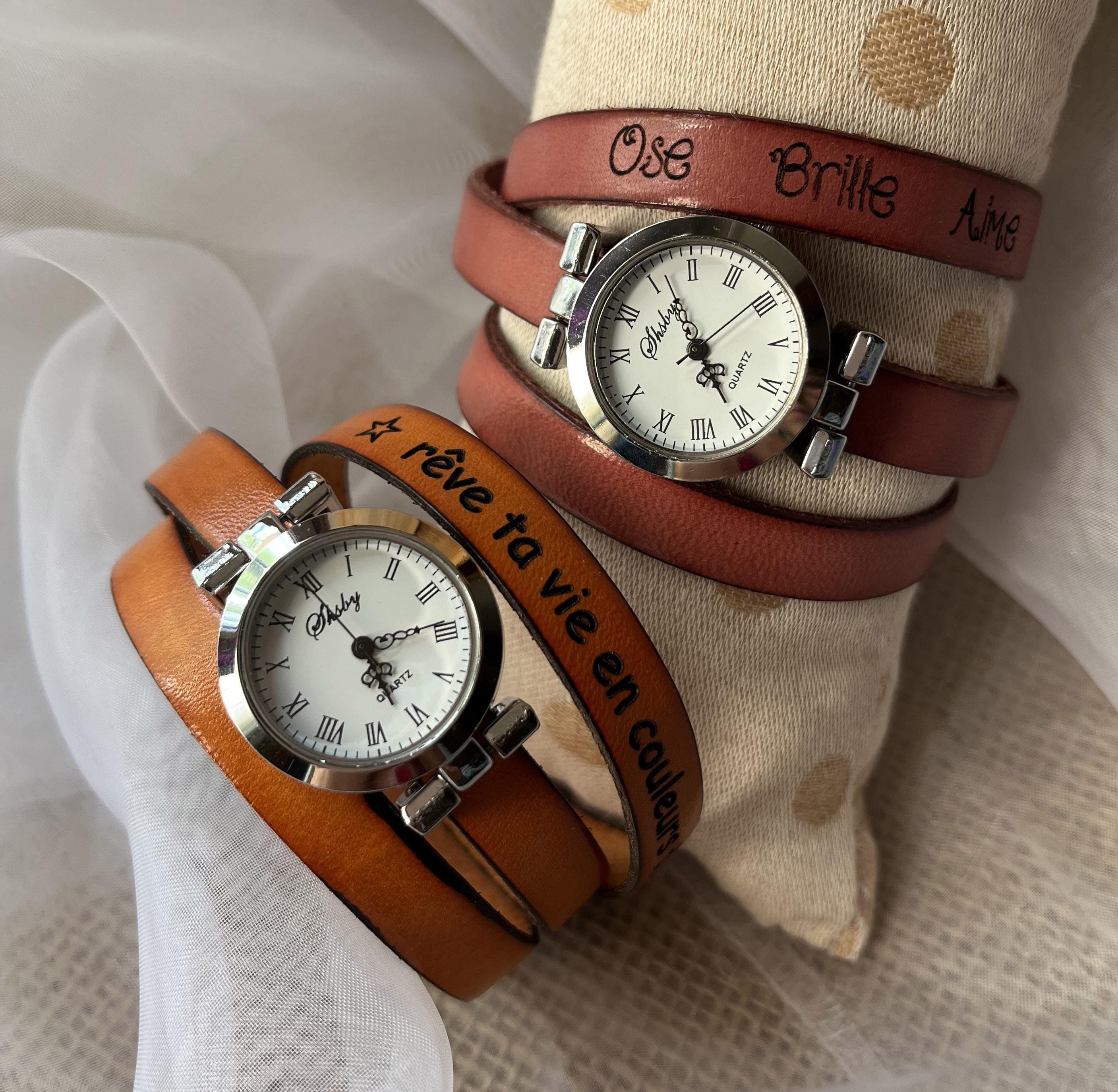 Montre bracelet triple tour au cuir cadran argenté à personnaliser