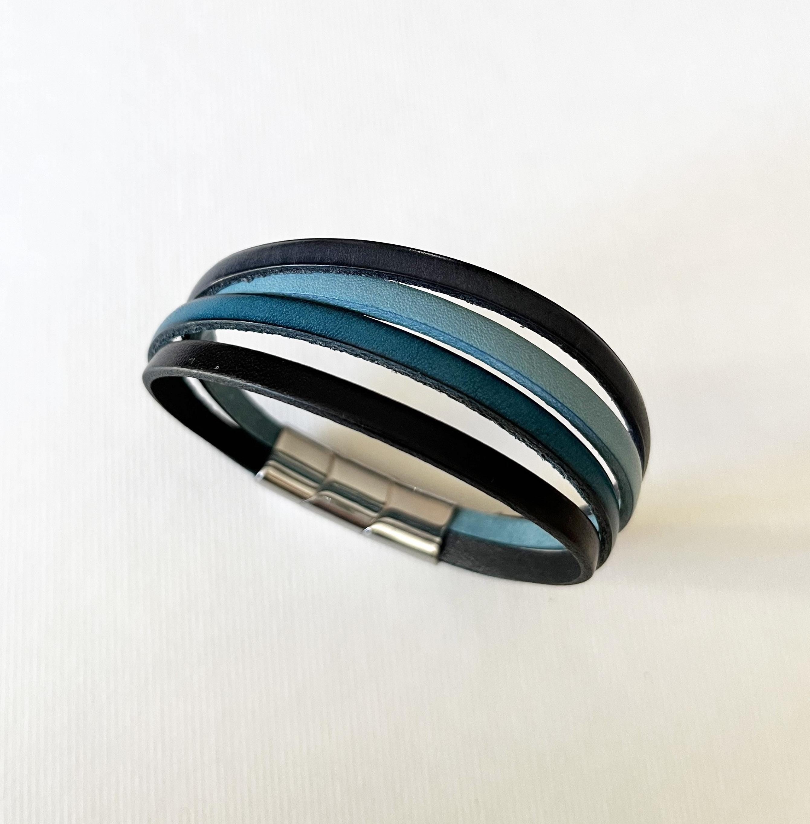 Bracelet manchette homme aux 4 cuirs bleu et gris