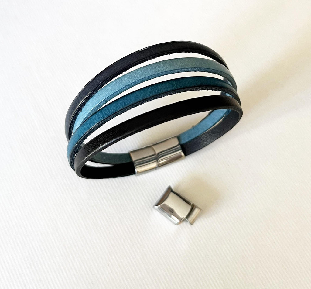 Bracelet manchette homme aux 4 cuirs bleu et gris