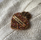 Broche Sacré Coeur ex voto en perles au message en cuir gravé Sois la lumière