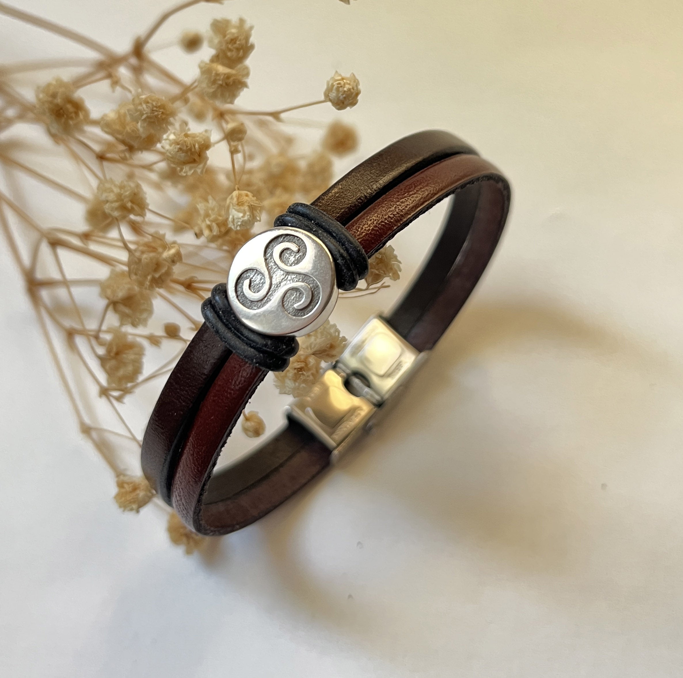 Bracelet double cuir au charme cabochon Triskel pour homme