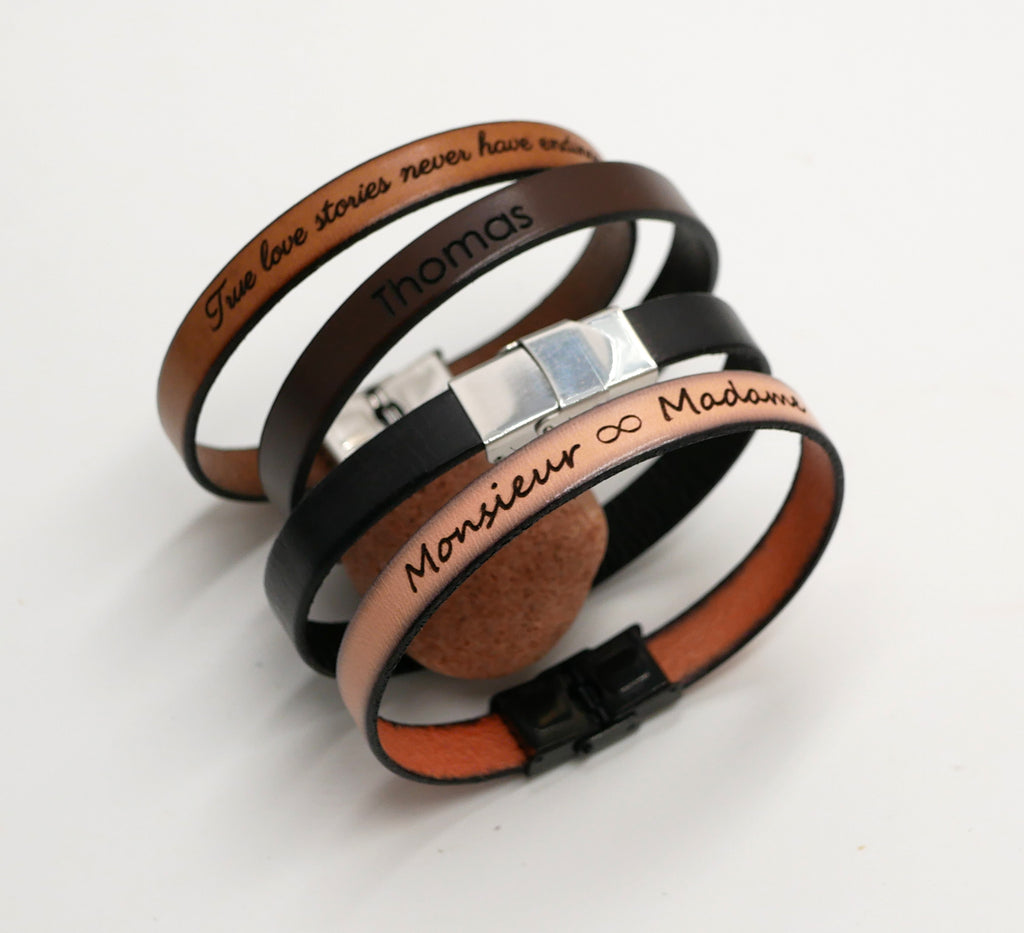 Bracelet homme en cuir personnalisé avec gravure prénoms ou message