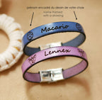 personnalisez un bracelet en cuir avec prénom d'enfant et dessin symbole
