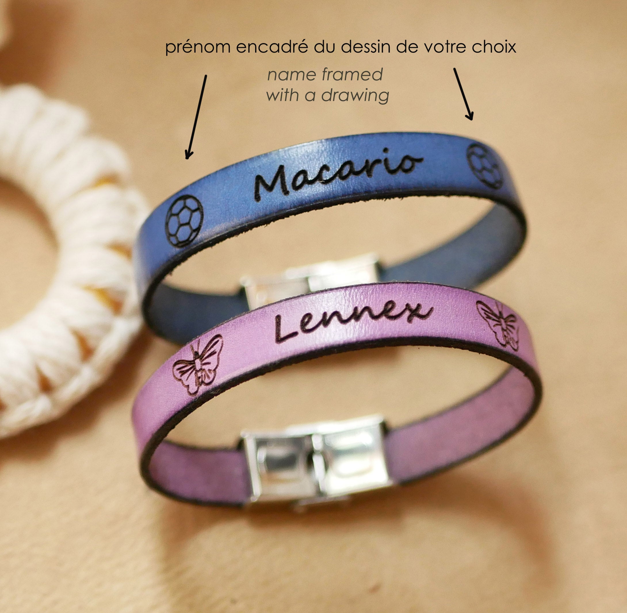 Bracelet enfant en cuir personnalisé et gravé avec prénom et dessins