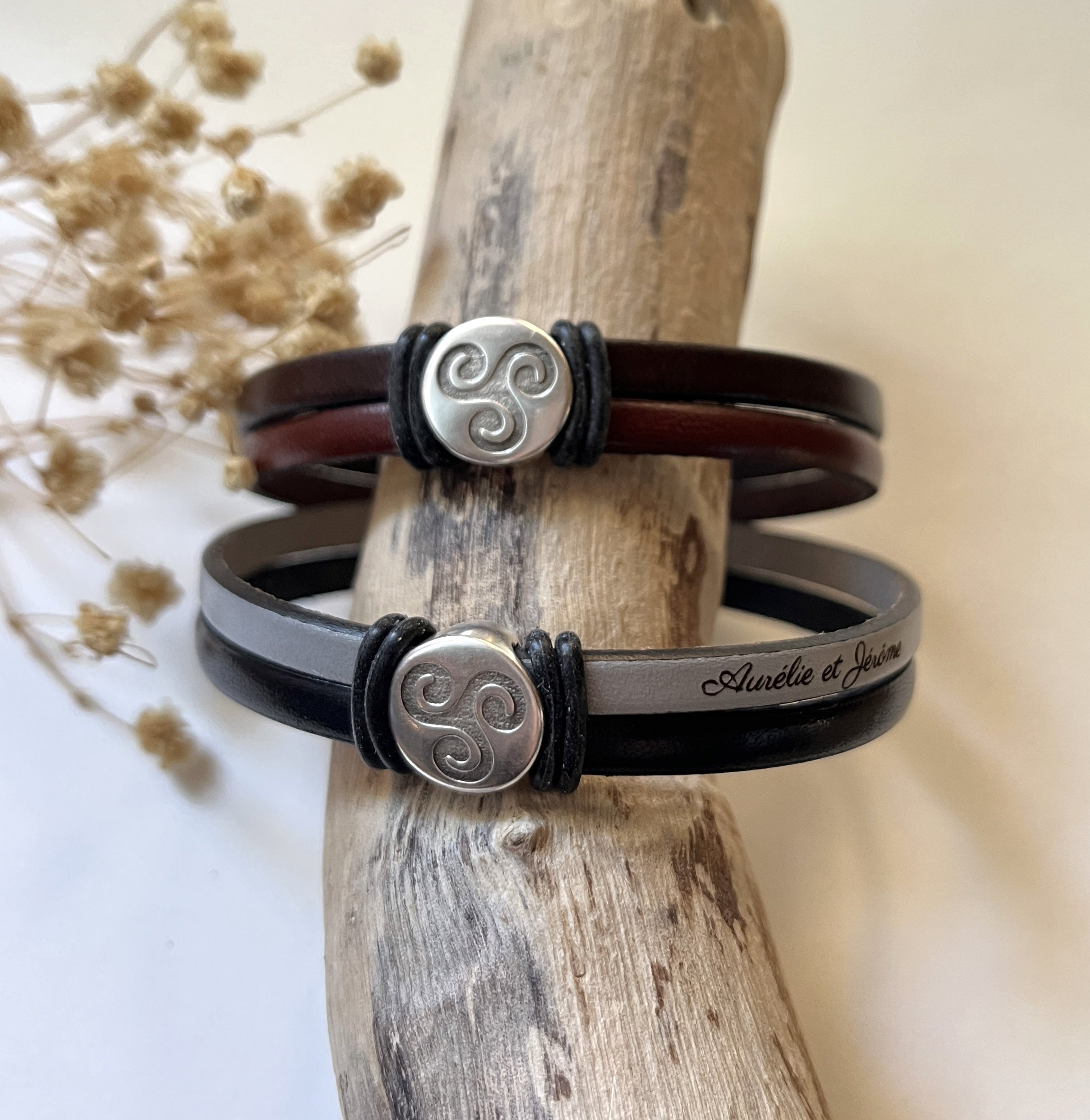 Bracelet double cuir au charme cabochon Triskel pour homme
