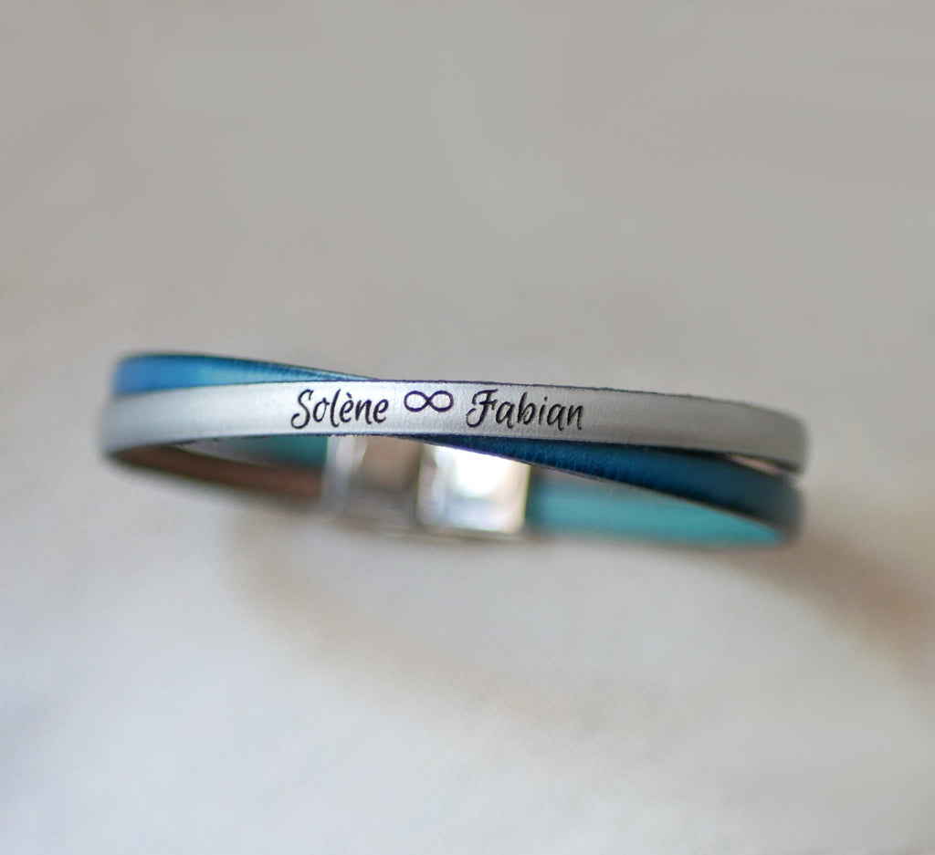 bracelet cuirs croisés duo bicolore prénoms amoureux