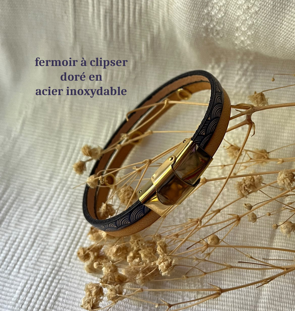 Bracelet femme duo en cuir imprimé art déco bleu et doré