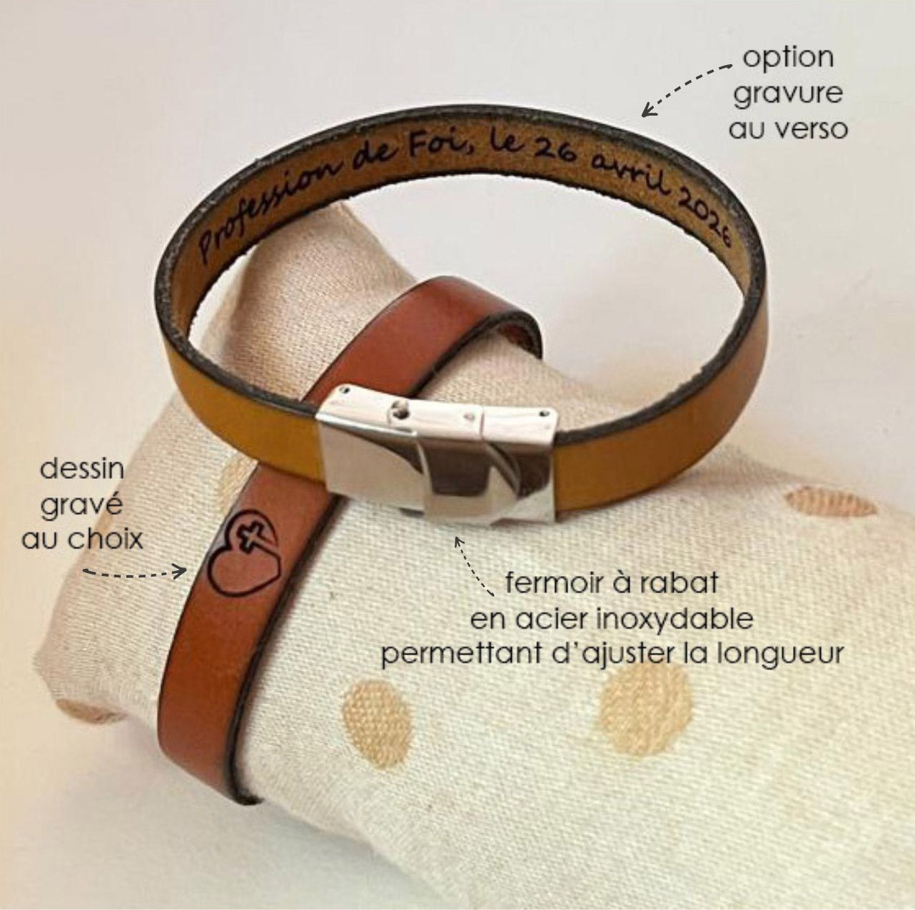 Bracelet cuir au symbole chrétien gravé - Cadeau baptême communion enfant adulte