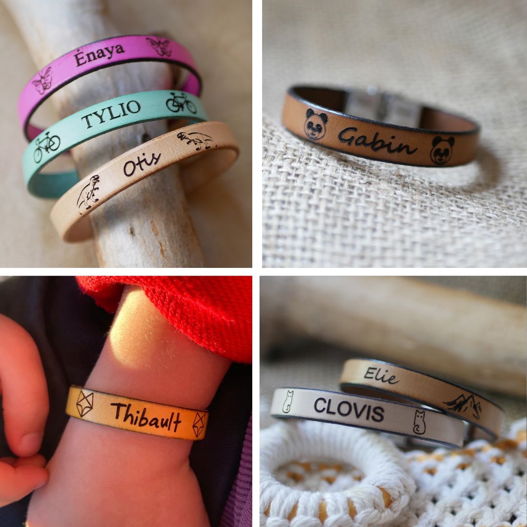 Bracelet enfant en cuir personnalisé et gravé avec prénom et dessins