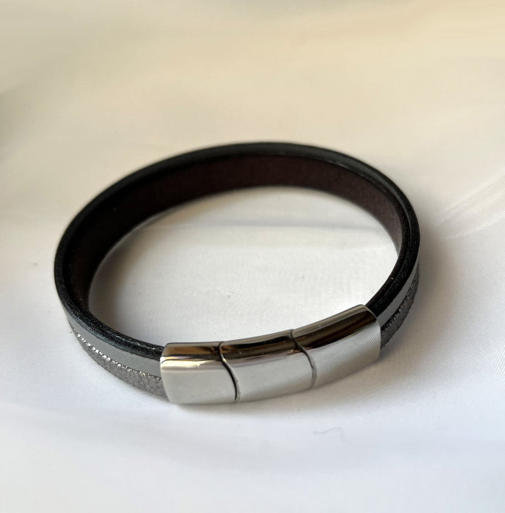 Bracelet manchette femme aux 3 cuirs argenté et gris