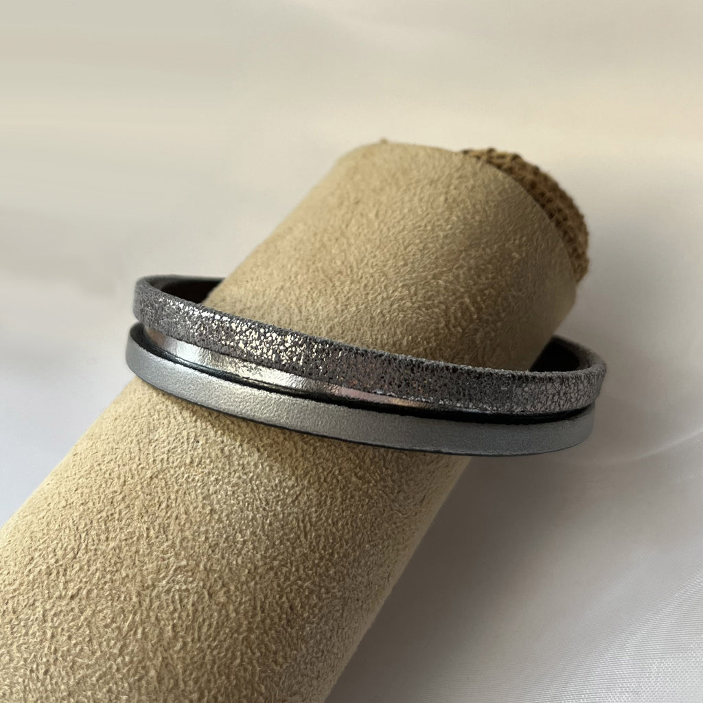 Bracelet manchette femme aux 3 cuirs argenté et gris