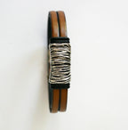 Bracelet cuir doublé fauve pièce centrale tressée métallisé